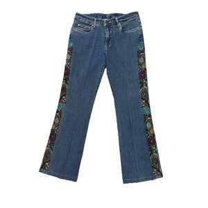 Vintage Y2K Blue Jeans Straight Leg Floral Embroidered Legs Mid Rise 28x26